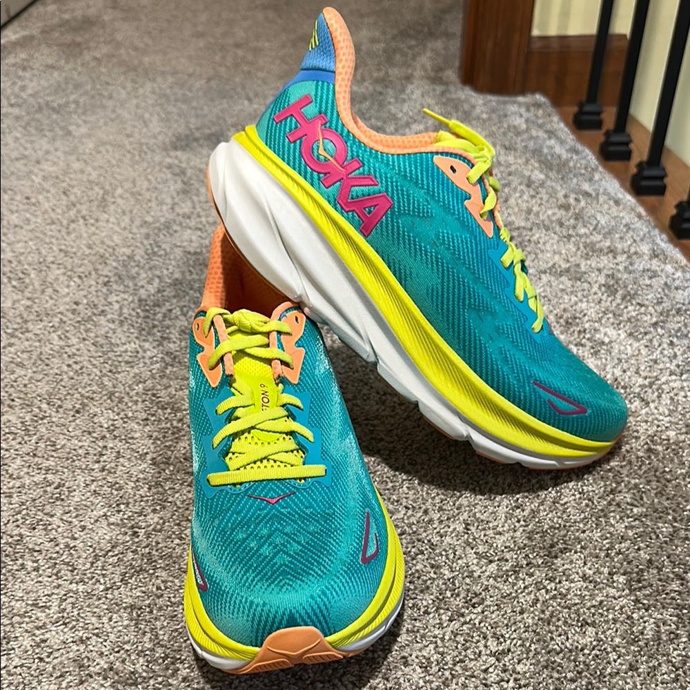 Hoka Women's Teal and Yellow Running Shoes